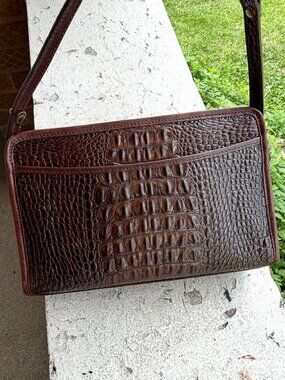 BRAHMIN Vintage USA Pecan Moc Croc Slim Small Zip Pockets Crossbody Shoulder Bag